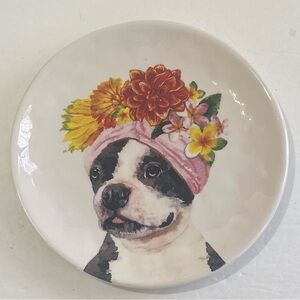 Pier 1 Imports Vintage Dolomite Boston Terrier Dog Wearing Floral Hat 8.5 In.